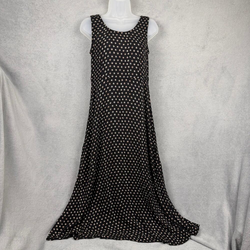 Vintage 90s Womens Sleeveless Maxi Dress SZ 10 Black Geometric Summer Lagenlook